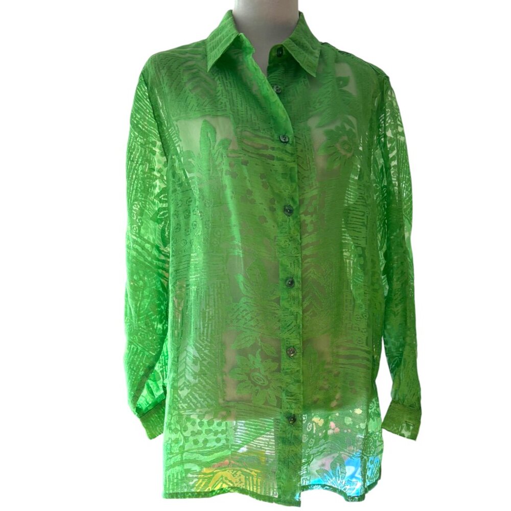 Coldwater Creek‎ Sz M GREEN Tropical Burnout Button up Sheer Floral Shirt Top